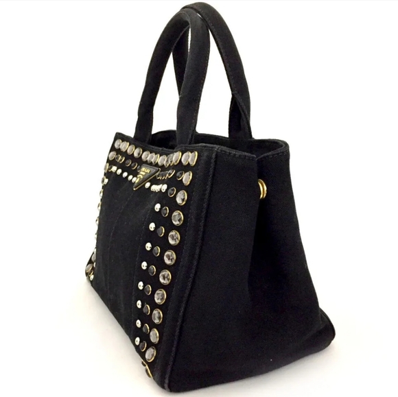 PRADA LOGI PLATE BLACK CANAPA BUJOU HAND BAG W/SHOULDER STRAP/1A3894 - Picture 3 of 14